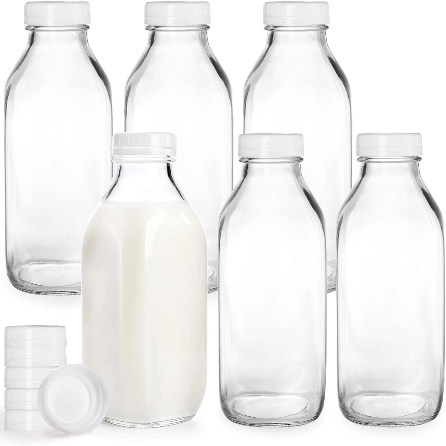 6 Pack Liter Glass Milk Bottles with Airtight Screw Lid, 32 Oz Glass Juice Bottles, Reusable Glass Beverage Drinking Jar Juice Container for Milk, Honey, Jam (Extra 6 Lid with Silicone Gasket)