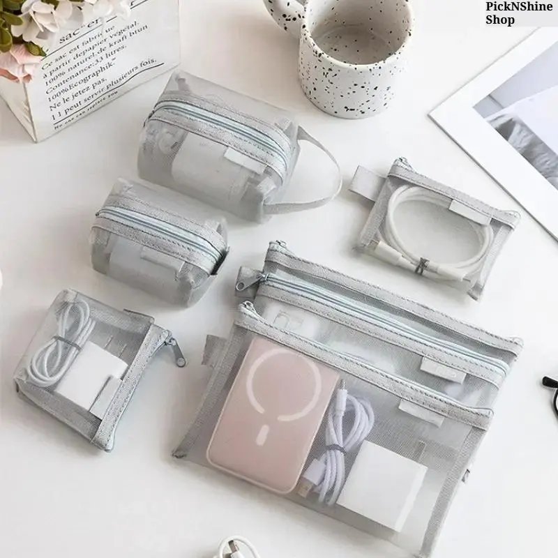 6PCS Mesh Zipper Organizer Pouches Fashion Accessory Storage Travel Bag Kit - Transparent, Lightweight, Portable for Makeup, Chargers, Cables, Daily Items (Travel, Office Use)