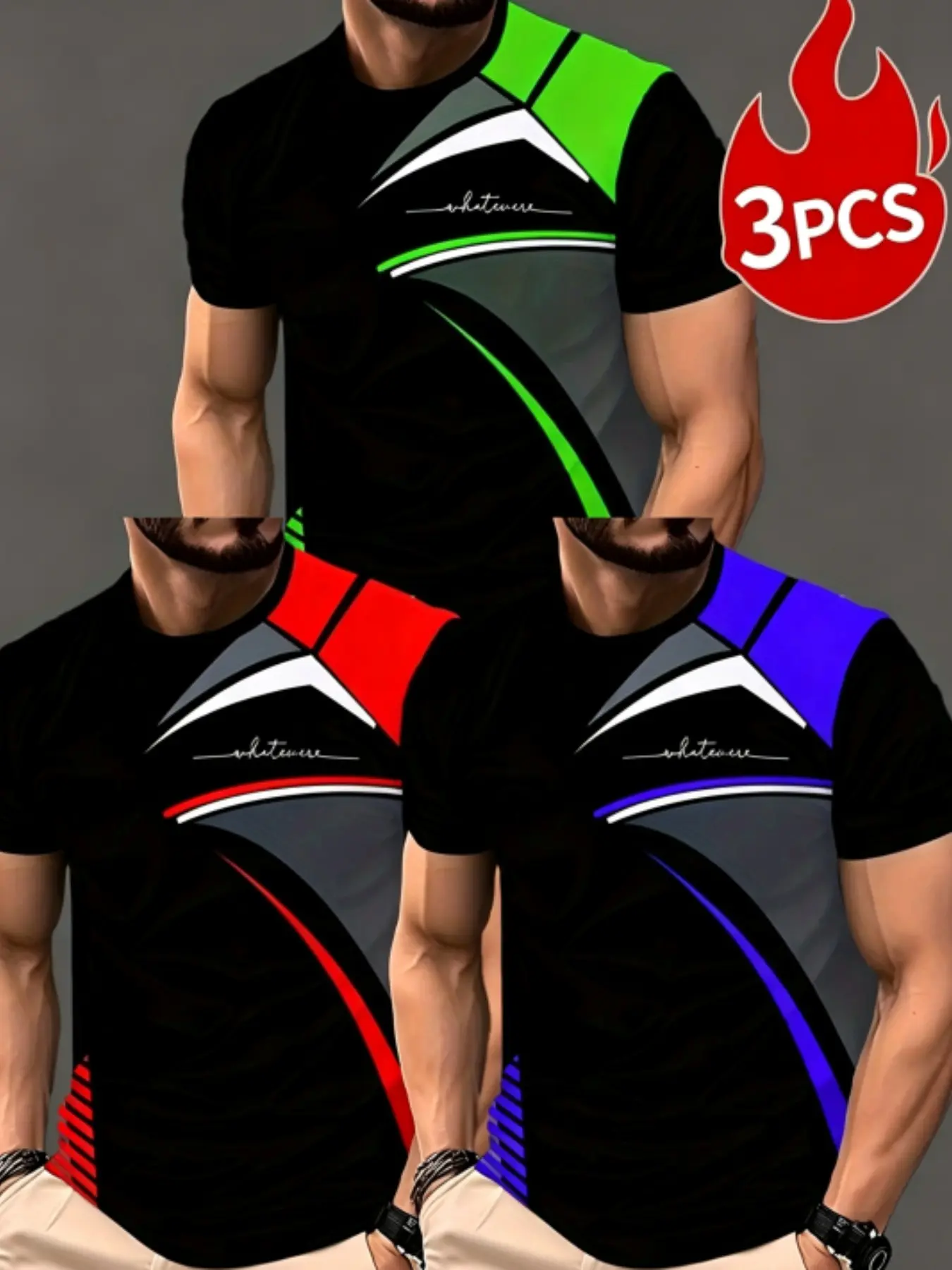 3 Pcs Men Curved Color Block Print Crew Neck Short Sleeve T-Shirts, Slim Sport Breathable Casual Multipack Tees For Daily Training Street Outfits