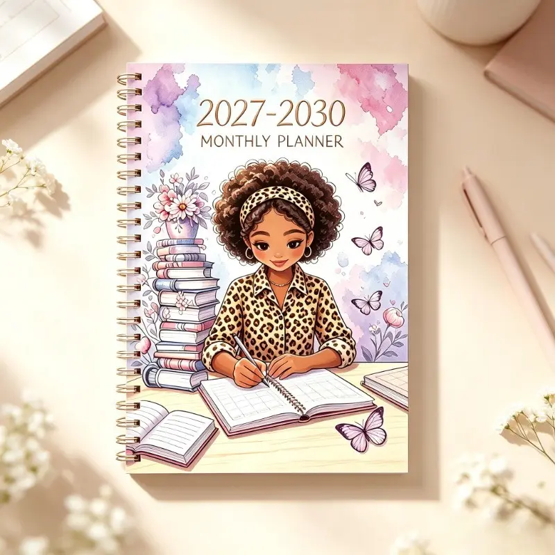 2027-2030 Four-Year Monthly Planner Notebook, Leopard Print Girl Butterfly Floral Schedule Journal, Coiled Binding Diary, Spiral Planner