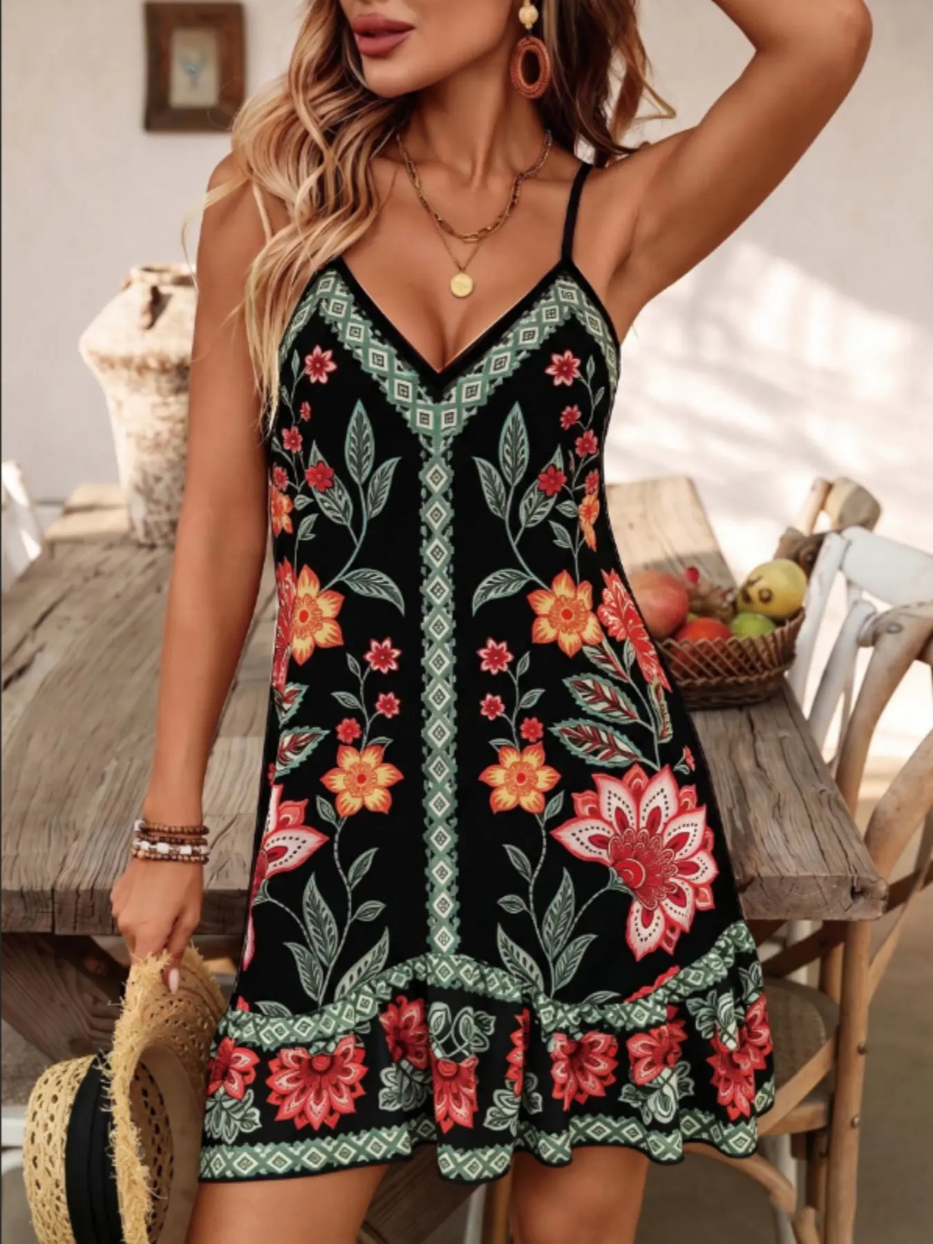 Women's Ethnic Vintage Print V Neck Thin Strap Sleeveless Halter Dress, Beach Vacation a Line Slimming Dress, Stylish Summer