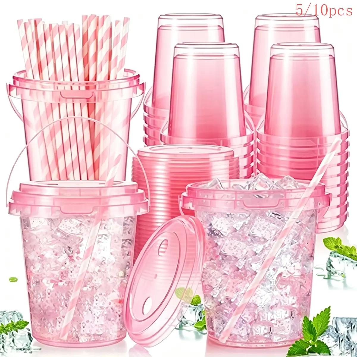 10pcs Plastic Water Buckets with Lids and Straws, 34oz Reusable Food Fruit Containers, Colorful, Transparent Clear, Summer Party Supplies