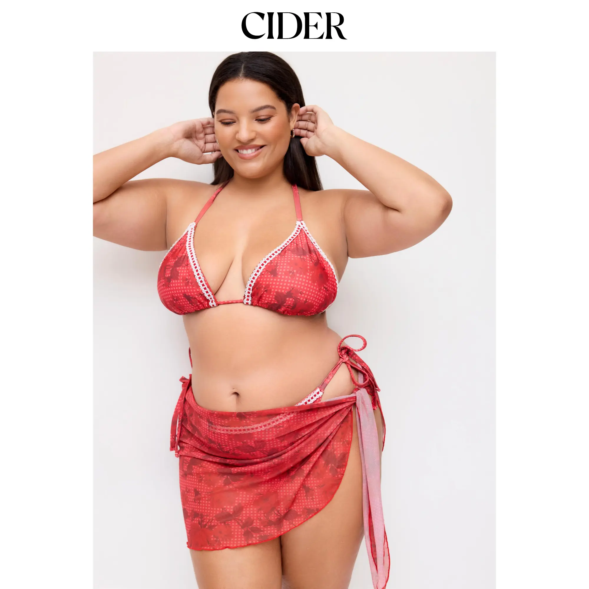 Cider Floral Halter Triangle Top & Low Rise Bikini Set With Sarong Curve & Plus
