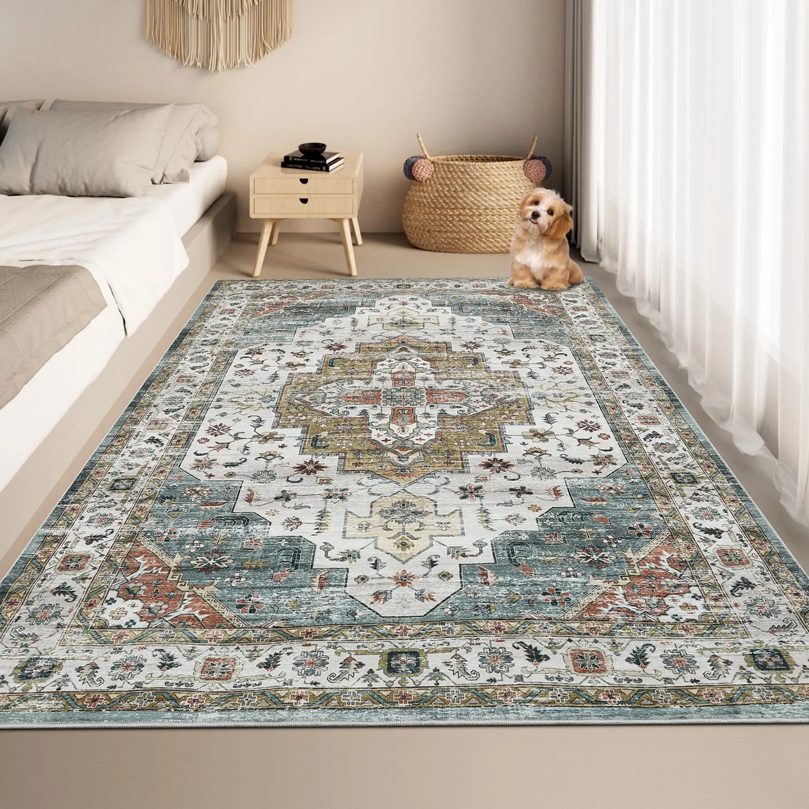 Washable Area Rug Non Slip Foldable Persian Style Rug Soft Pearl Velvet Vintage Carpet for Living Room Bedroom Dining Room Camel Green Tone 5 x 7 ft