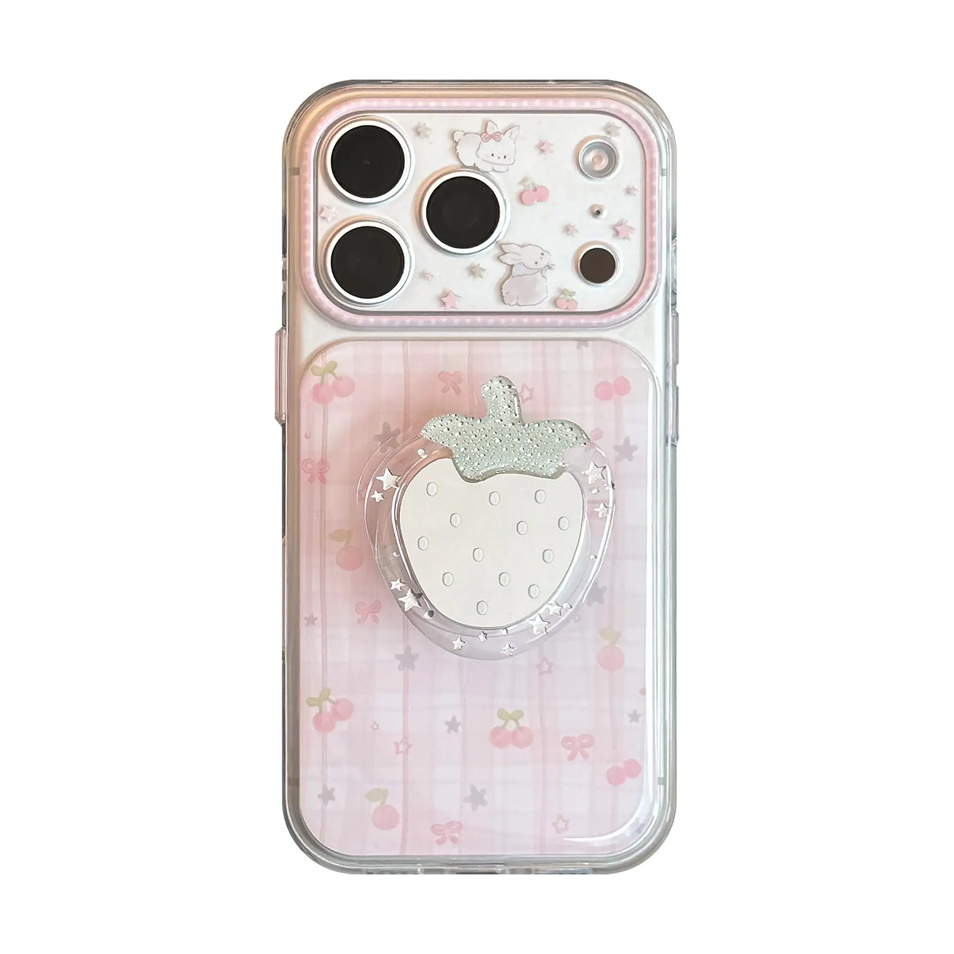Pink Plaid Full Coverage Mobile Phone Case with Strawberry Mirror Stand - Compatible with iPhone 14,15,16,17 Pro Max - High Aesthetic Value suitable in style creative fashion