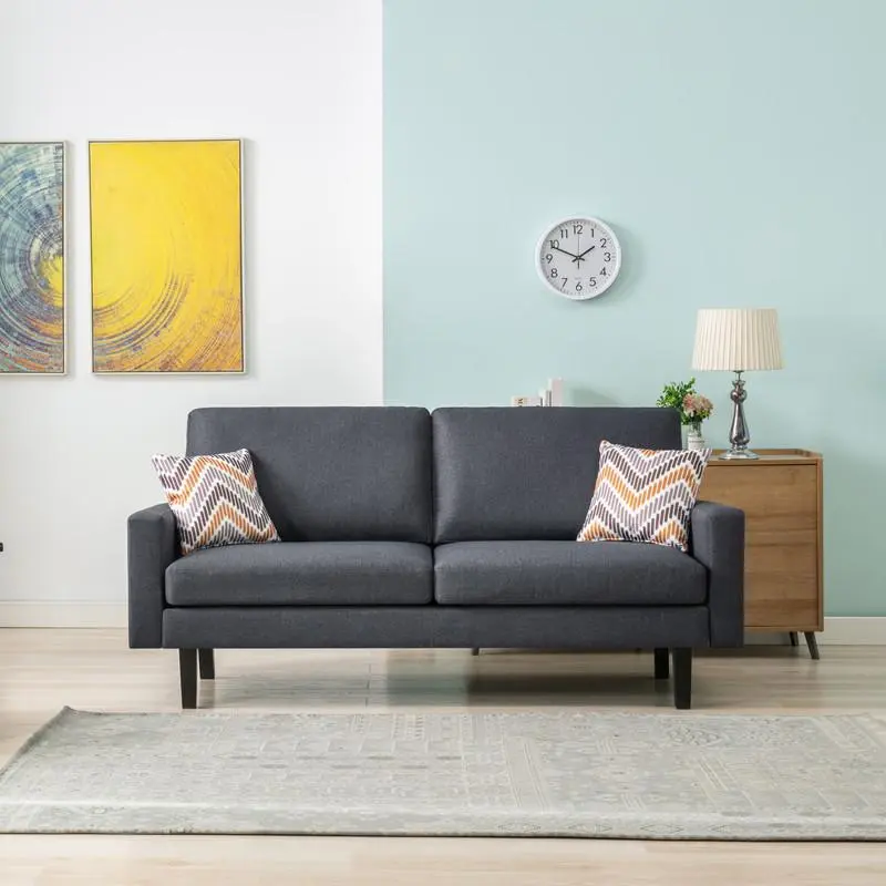 70-Inch Dark Gray Linen Sofa with 2 Throw Pillows, 3-Seat Mid-Century Modern Living Room Couch with Espresso-Finish Solid Wood Legs