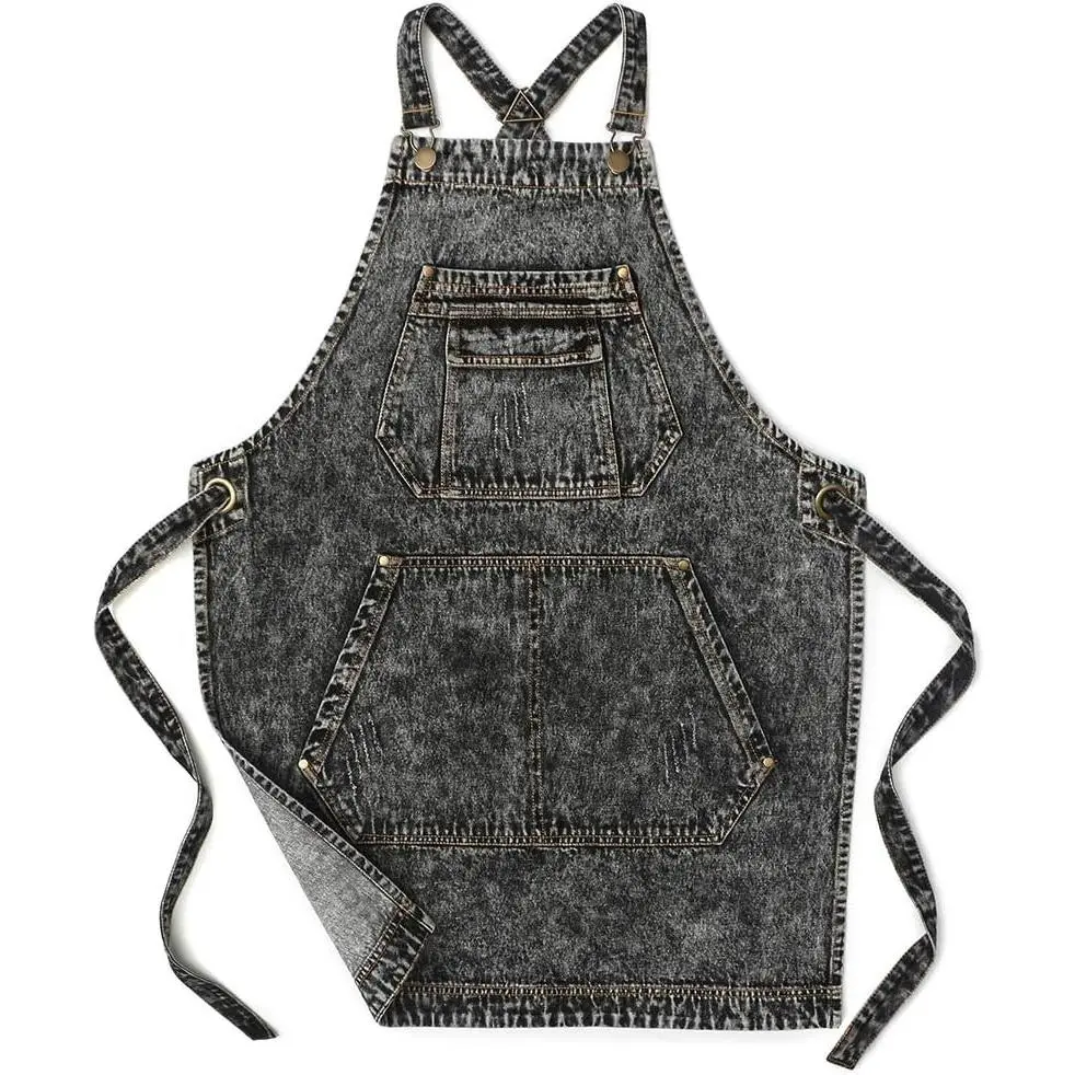 Denim Apron with Pockets for Hair Stylist Gardening Craftsmen Barista Women Hairdresser Jean Work Apron Cross Straps & Adjustable S to L (Black)