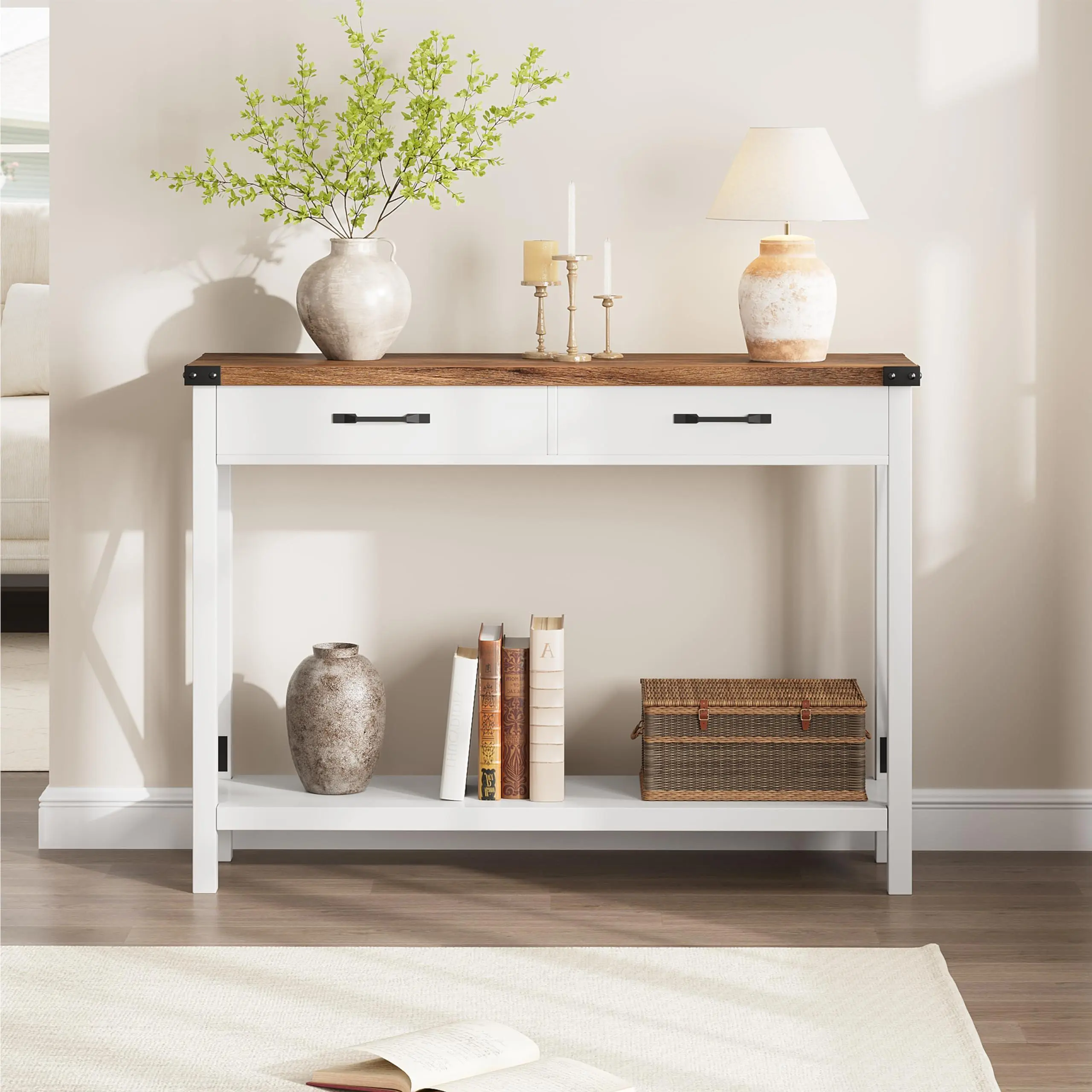Garvee Farmhouse Entry Table with 2 Drawers, Console Table for Entrance Area, Wooden Coffee Table for Living Room, Foyer, Hallway, White