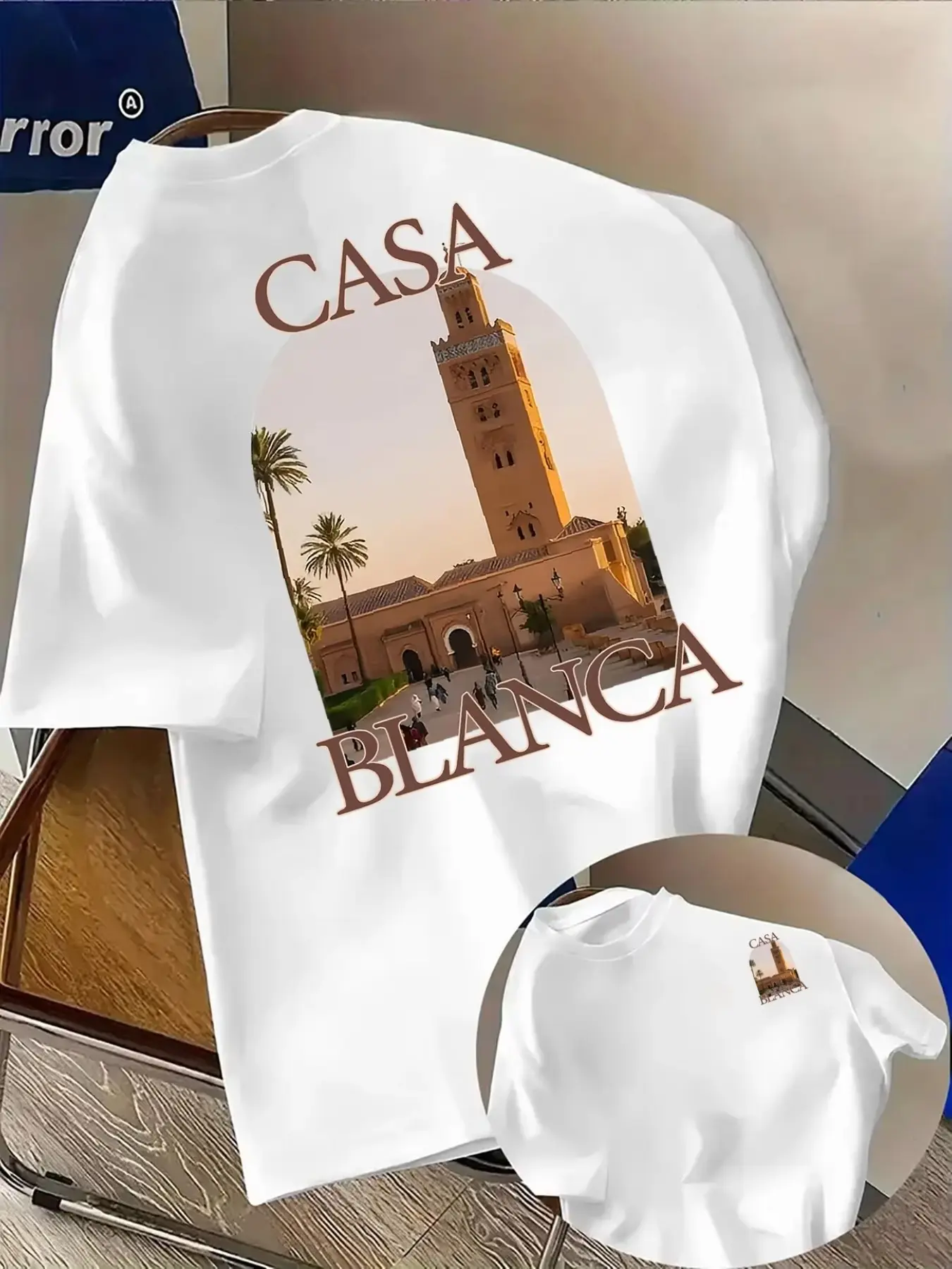 Men's Moroccan City Architecture Tropical Beach Print T-Shirt, Casablanca Font, Casual Loose-Fit Top, All-Season Wear