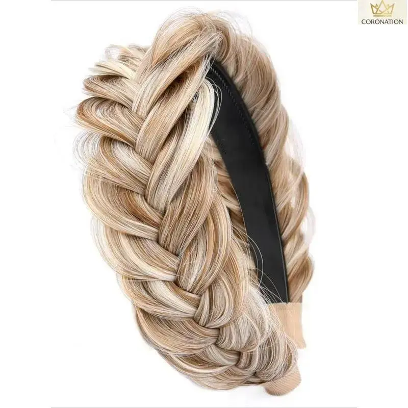 Women's Braided Headband Sandy Gold Metal Detail High Elastic Stretch Wide Braid Design Comfortable No-Slip for Daily Wear Office Party Travel