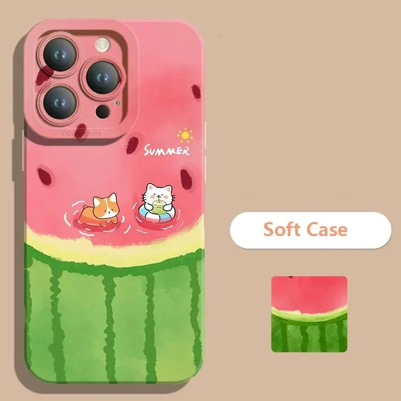 Summer Cool Watermelon Cat Phone Case For iPhone 16 15 14 13 12 11 Pro Max XS X XR 7 8 Plus 16E SE 2022 Shockproof Bumper Cover, Fits Iphone, Tpu Pc Shell, Watermelon Figure