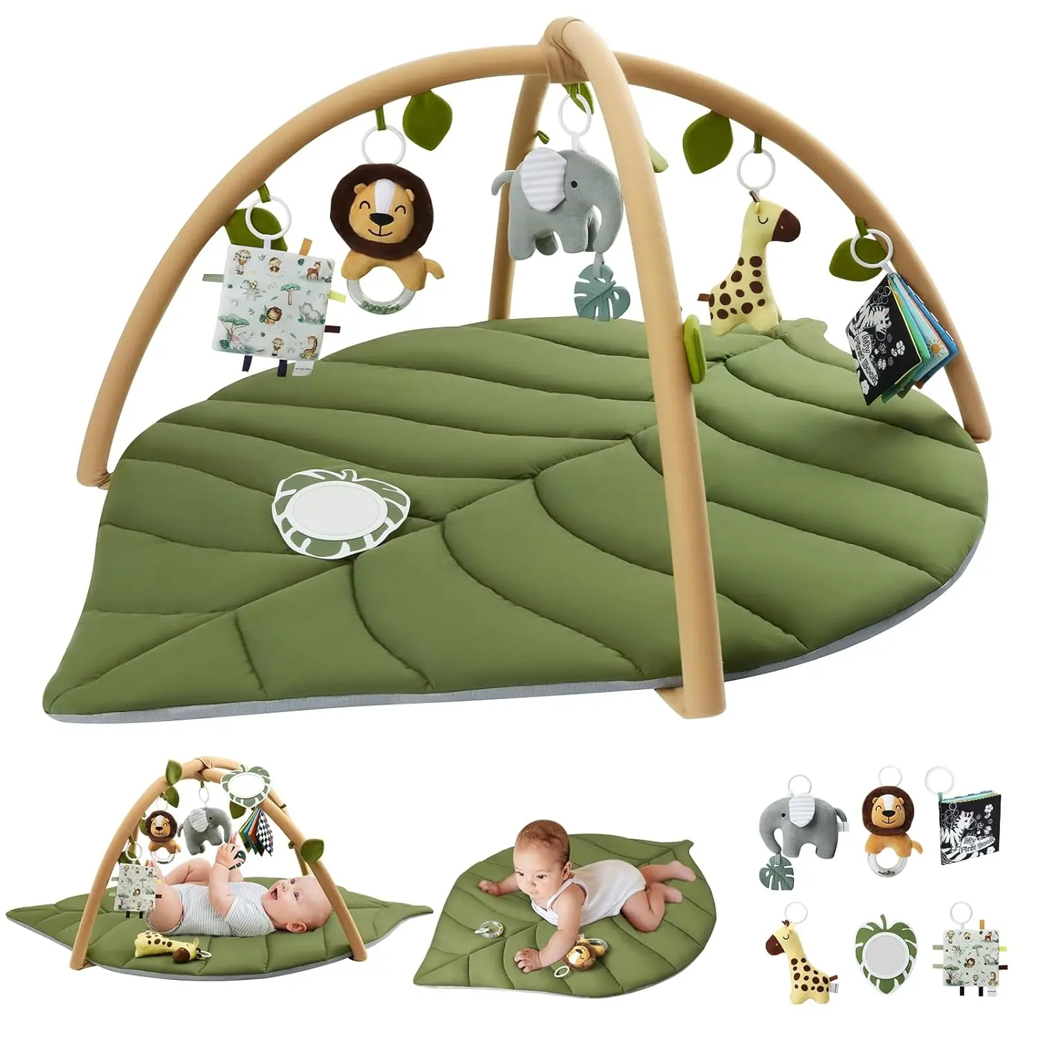 Baby Play Gym & Activity Mat, Oversize Leaf Shaped Baby Play Mat w 6 Detachable Toys, Tummy Time Mat Promote Motor Skills & Sensory Development Mat, Newborn Infant Baby Essentials Gift