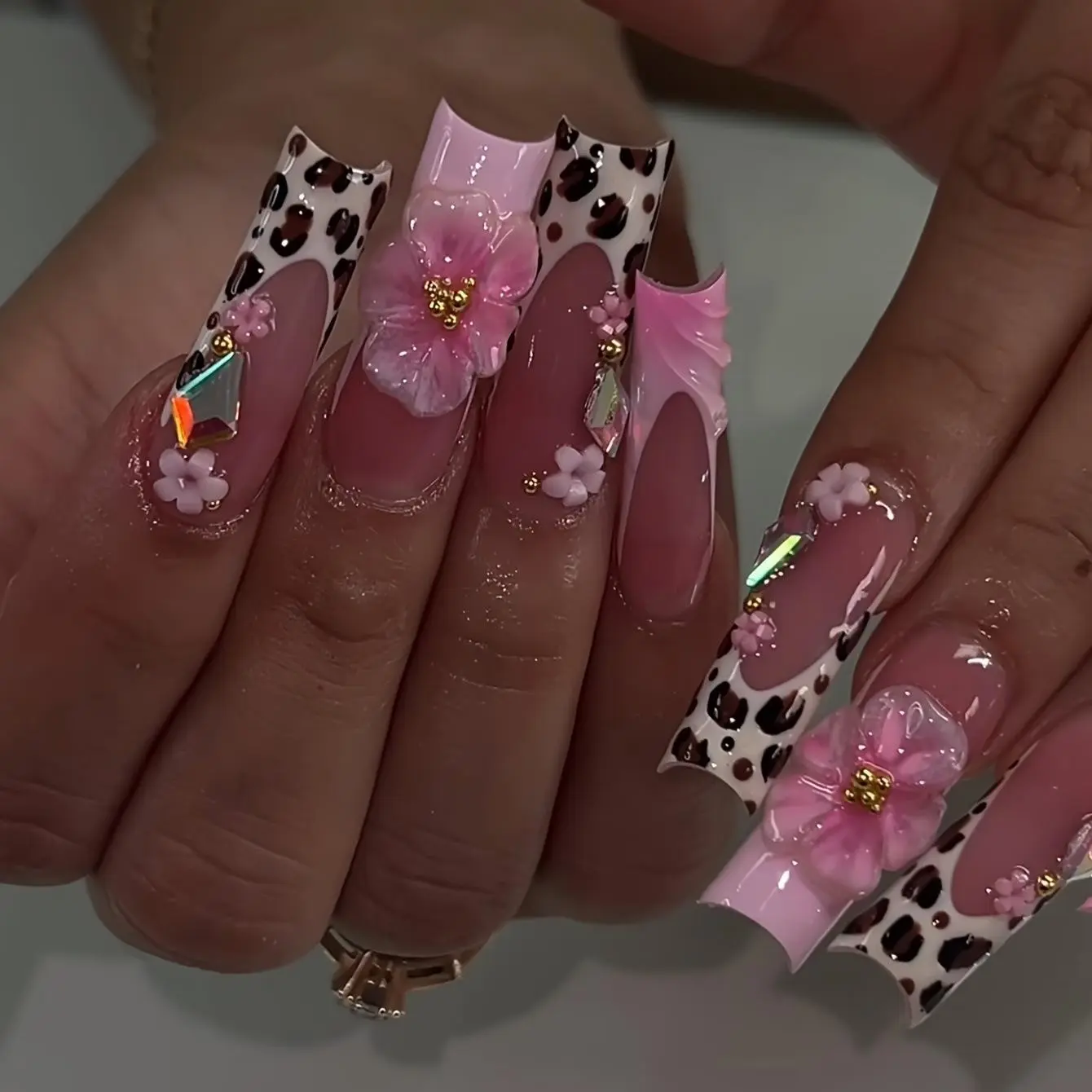Pink Cow Print 3D Big Flower Long Coffin Press On Nails Y2K Girly Crystal Rhinestone Fake Nail Set