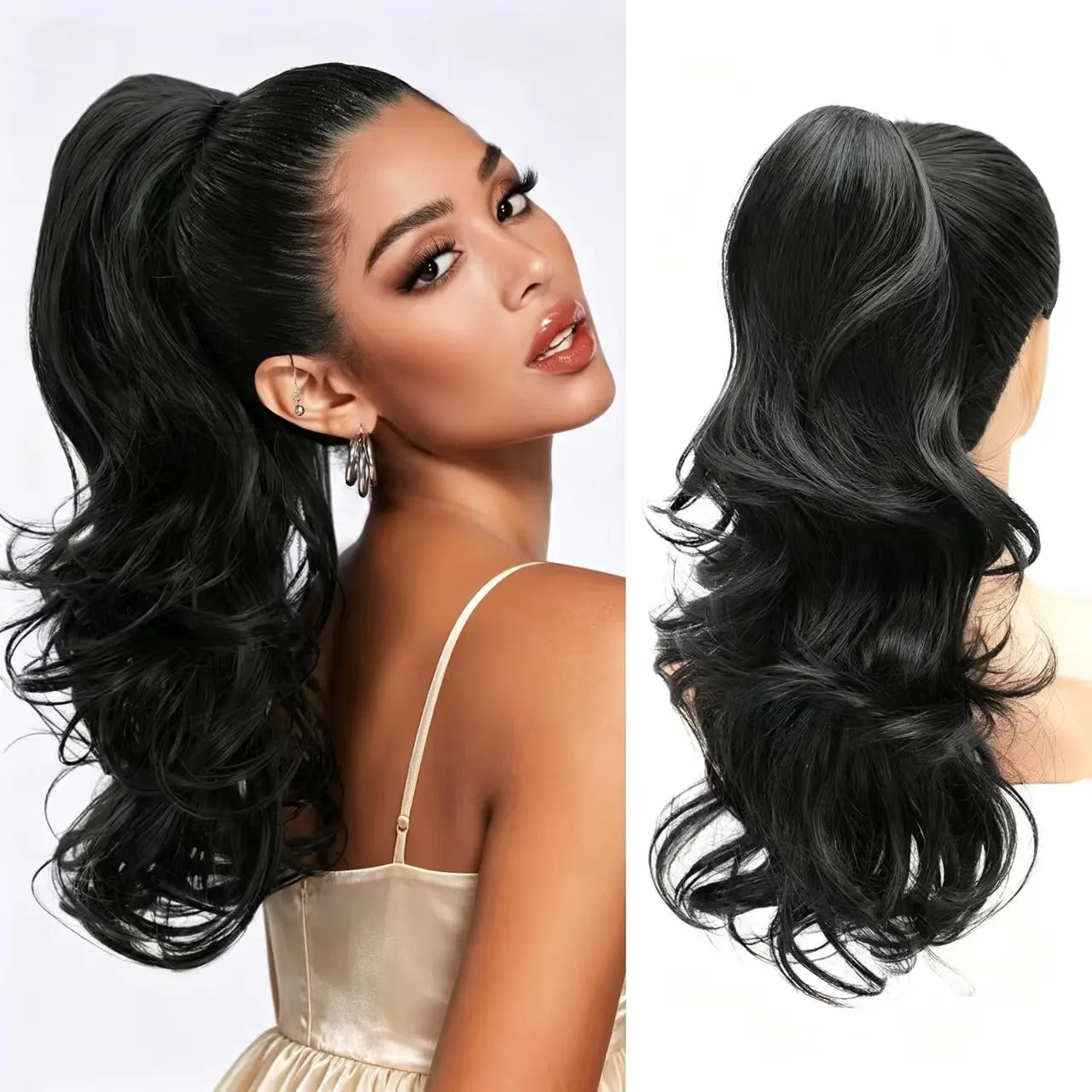 Sexy High Ponytail Wig Clip-On, Multi-Layered Water Wave Curl, Natural Seamless Hair Volume Extension, Trendy Hairstyle Accessory, Ponytail Extensions