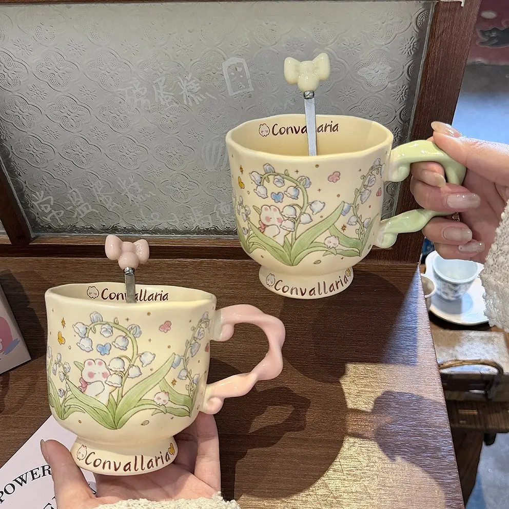 Ceramic Cat Flower Coffee Mug with Lid, Home Use Couples Matching Cups, Perfect Birthday Gift for Women, Wedding Favor Souvenir
