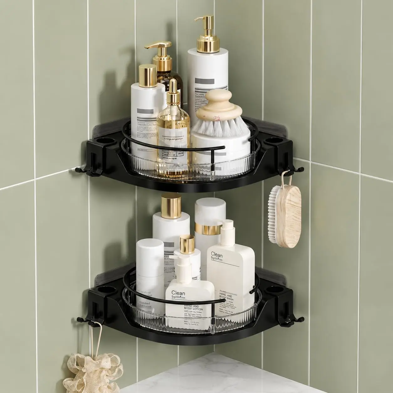 360° Rotating Corner Shower , 2-Tier Adhesive Shower Organizer Shelf with Removable Clear Trays, No-Drill Bathroom Storage Rack for Shampoo,  Wash & Shower Essentials, Black