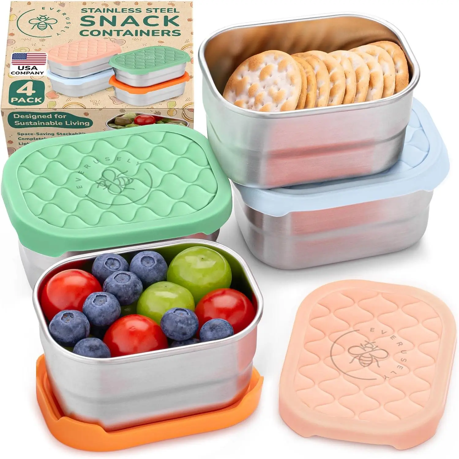 Small Metal Snack Containers - Stainless Steel - 8 oz, 4 PK, Fall Fest |   Storage Boxes - Leakproof   -  for Meal Prep & Portion Control - Compact for Travel Lunch