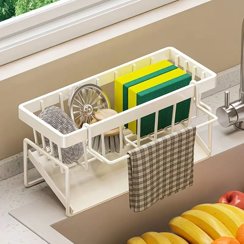 Kitchen Sink Organizer, Countertop Storage Rack with Drainage & Water Filter Design and Bars, Holds Sponges and Brushes to Save Counter Space