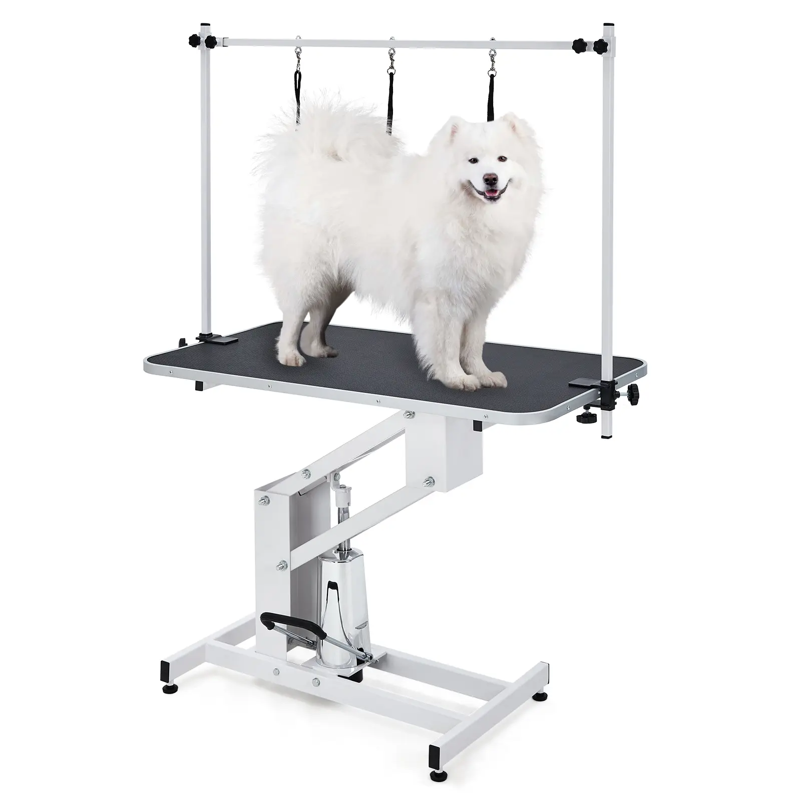 43" Dog Grooming Table Hydraulic Lift – Heavy Duty Z-Frame, Adjustable 22"-39" Height, 350lb Capacity, Overhead Noose & Non-Slip Mat for Home & Salon, White