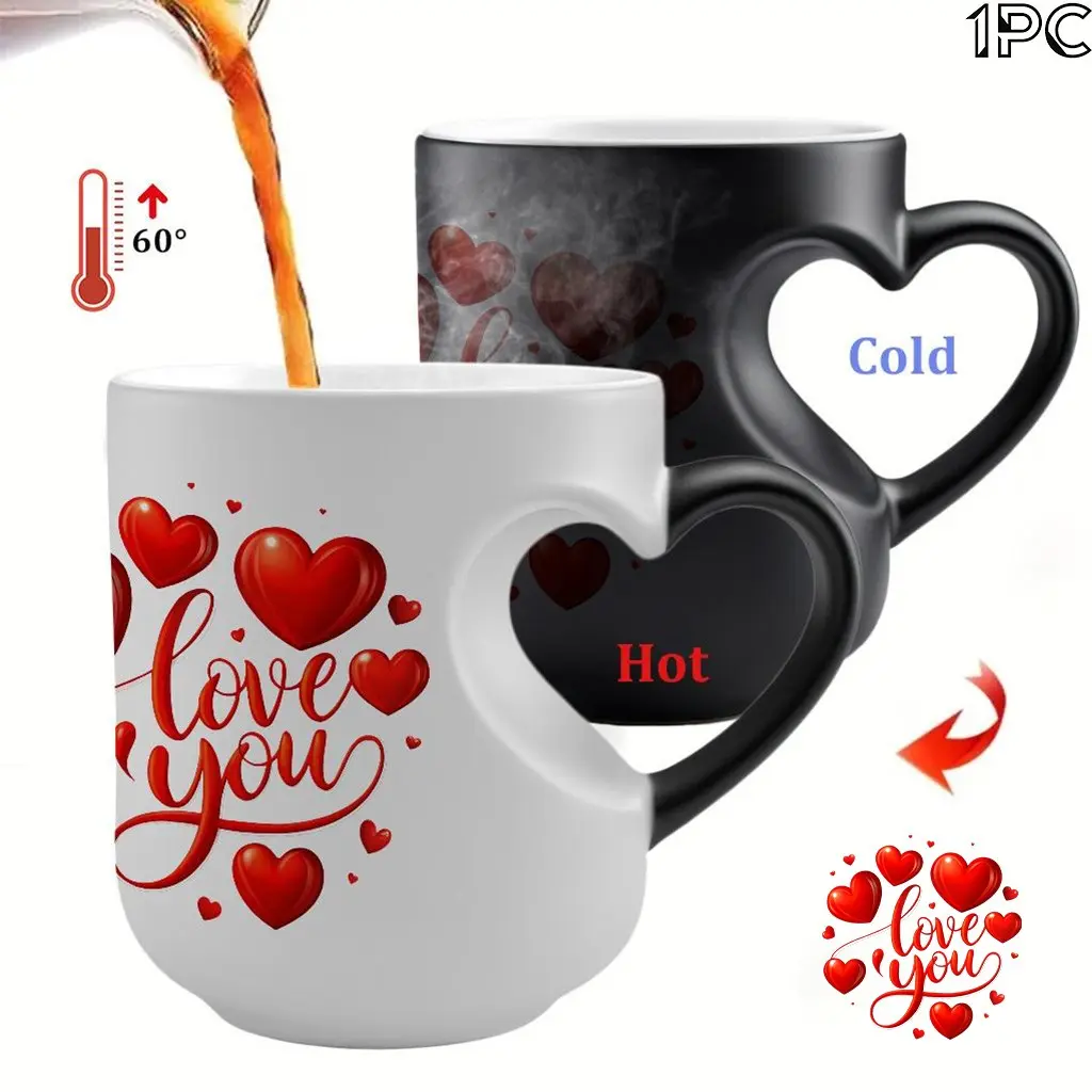 1 Pc 'Love You' Magical Color-Changing Mug with Heart-Shaped Handle, 11 oz Unique Heart Design with Red Heart Pattern, Heated Gradient Mug, Perfect Gift for Mother's Day and Valentine's Day, Drinkware Cup