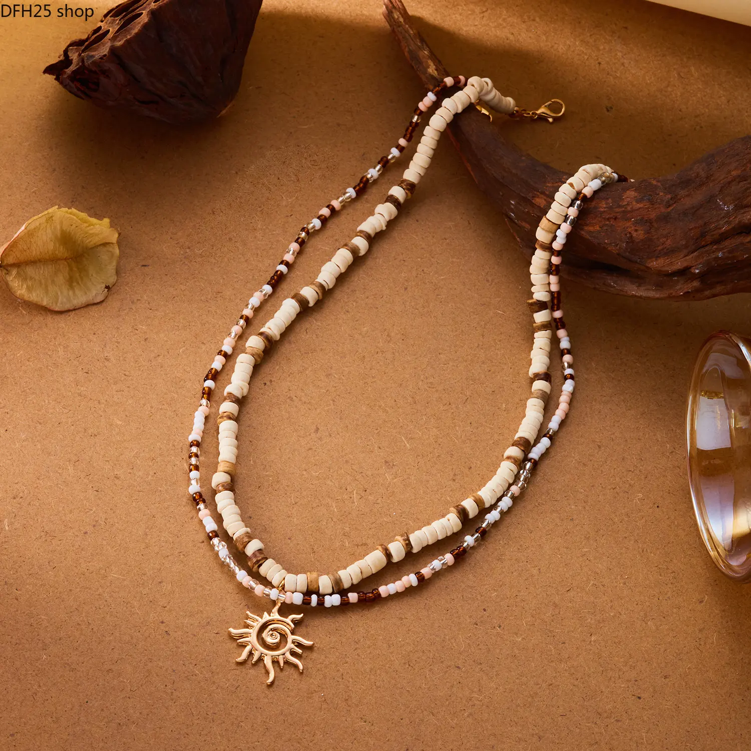 Layered Beaded Sun Pendant Necklace for Women, Coconut Shell and Seed Bead Double Strand Choker, Boho Jewelry for Summer Beach and Daily Wear
