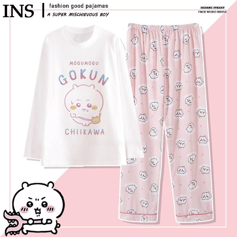 Anime Usag Hachiware Summer thin pajamas round neck Loose long-sleeved shirt and pants Cute cartoon pattern household clothes