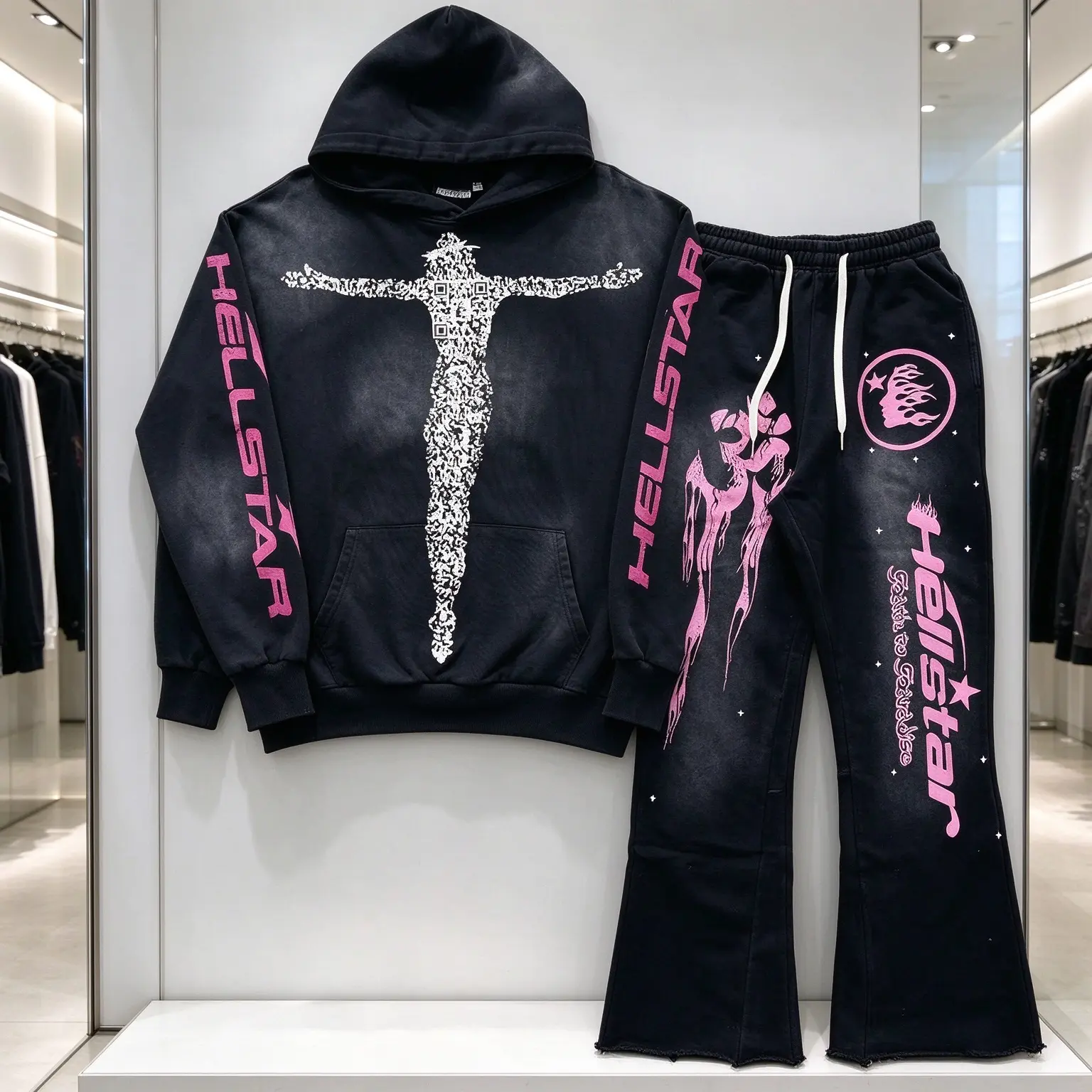 Hellstar Washed Print Vintage American New Hoodie Casual Set Trendy Pants Unisex Men Women Loose Streetwear Retro 2Pcs Outfit Heavyweight Fleece Pullover Hooded Sweatshirt And Matching Jogger Pants Fashion Daily Wear Street Style Two Piece Tracksuit