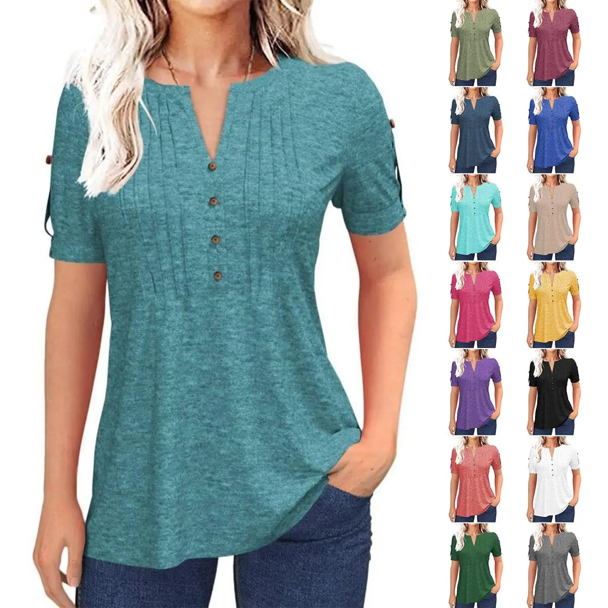 Imily Bela Women’s V Neck T Shirt – Casual Pleated Button Top, Loose Fit Short Sleeve Summer Tee, Trendy Everyday Blouse for Daily Wear
