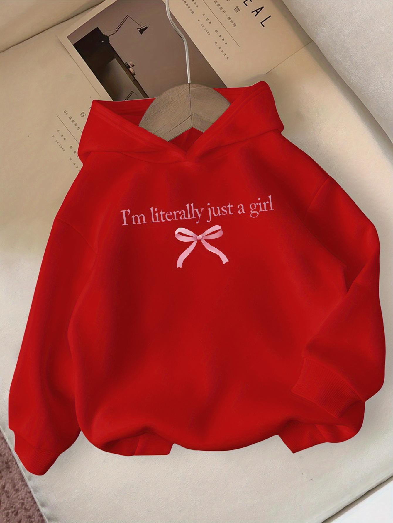 Girls' Autumn Winter Hooded Sweatshirt - Long Sleeve Casual Pullover with "I'm Literally Just a Girl" Print & Pink Bow Detail, Vibrant Red, Regular Fit, Hand Wash/Dry Clean, Sweaters for Girls