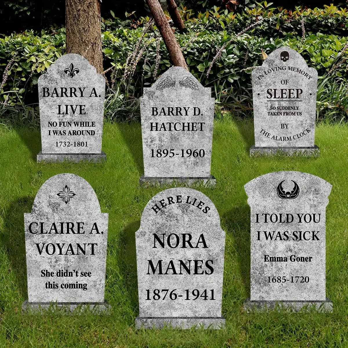 2D Flat Halloween Decorations Outdoor Graveyard Tombstones: 6pcs Large Realistic Halloween Cemetery Tombstone Yard Signs with Stakes, 17 Vintage Gravestones, Waterproof Lawn Decor Outside (Flat, NOT foam)