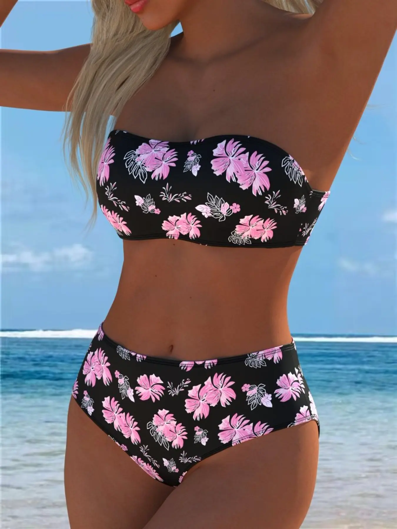 Daisy Print Halter High-Waisted Swimsuit, Non-Slip Strapless Design, Beach Vacation Bikini, Slimming Split-Body Bathing Suit, Floral Print Swimsuits, Floral Printed Swimwear, High Rise Swimwear