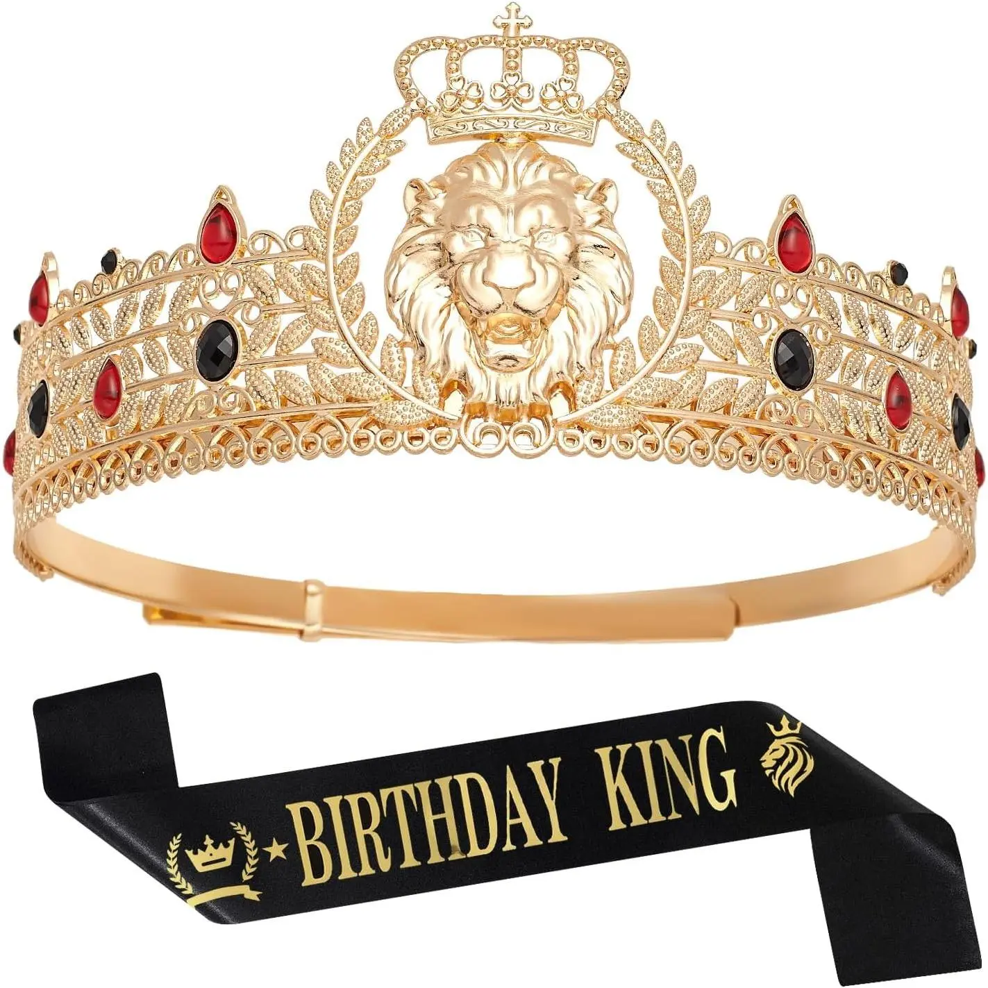 King Crown and Birthday Sash Set for Men, Gold Men's Tiara Prince Diadem, Royal Medieval Cosplay Hair Accessories for Birthday Prom Halloween(Gift)