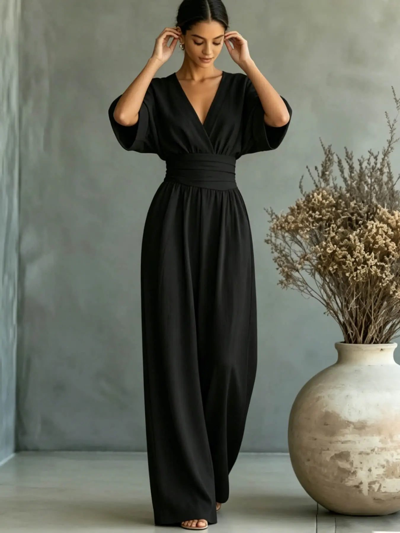 Summer new V-neck one-piece wide leg pants with cinched waist for slimming effect, Bubble sleeve design, Waistband jumpsuit, suitable for daily travel, outdoor lawn banquets, commuting Wide leg jumpsuit
