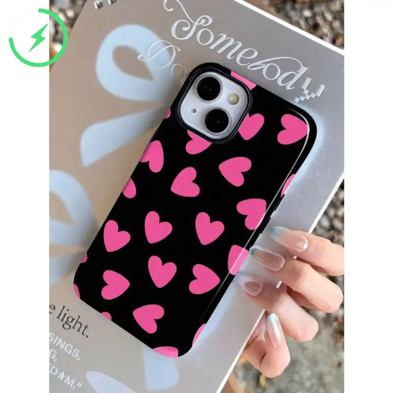 1pc Black Heart Pattern 2-In-1 Shockproof Hard Protective Phone Case - Full Coverage Accessory for Samsung, iPhone 11-17 Pro Max Smartphones, Handheld Cellphone Devices
