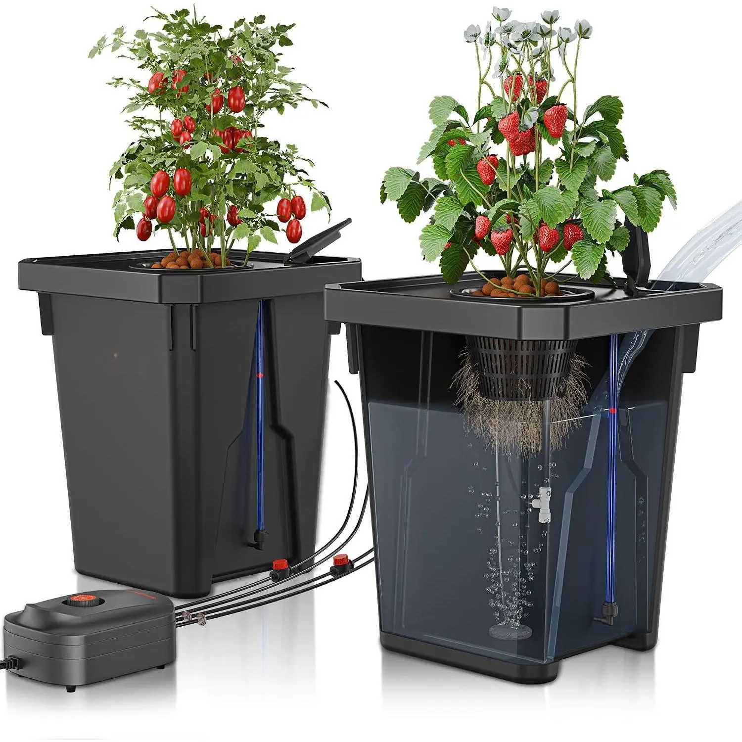 DWC Hydroponics Growing System Kit 2 Buckets for Indoor  | 7-Gallon Deep Water Culture,  Triangular Cover Design, Recirculating Drip Gardening System with Top Drip Kit, 8W Air Pump