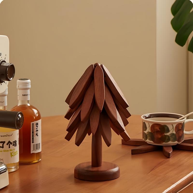 Natural Tree Trivet Set - 4 Wooden Trivets & 1 Stand - Heat-Resistant Foldable Design - Durable & High-Quality Solid Wood - Ideal for Hot Dishes, Pots, Bowls, Teapots - Kitchenware & Tableware Coasters-DBY