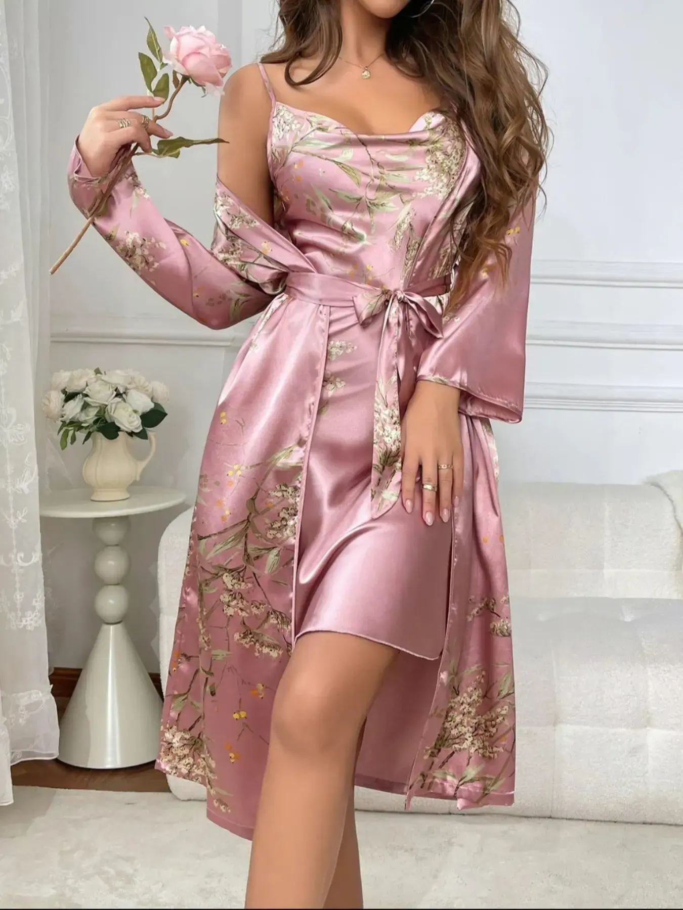 @Shopwithjulie Collection 2 Piece Set, Womenswear, Women's Lady Fitted Casual Floral Print Pyjama Set, Cowl Neck Cami Soft Casual Nightdress & Belted Pj Robe, Fall Outfits, Women Sleepwear Loungewear Set, Long Sleeve, Style, Sleepwear Homewear Clothes