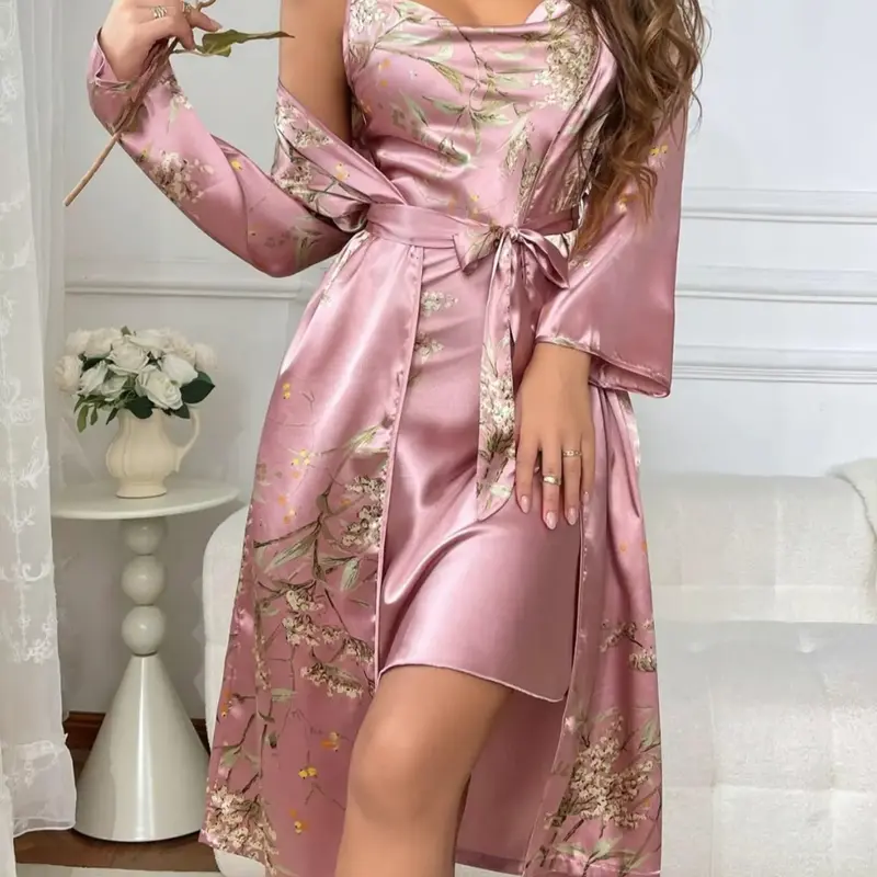 @Shopwithjulie Collection 2 Piece Set, Womenswear, Women's Lady Fitted Casual Floral Print Pyjama Set, Cowl Neck Cami & Belted Pj Robe, Fall Outfits, Women Sleepwear Loungewear Set, Long Sleeve, Style, Sleepwear Homewear Clothes, Loungewear Nightwear