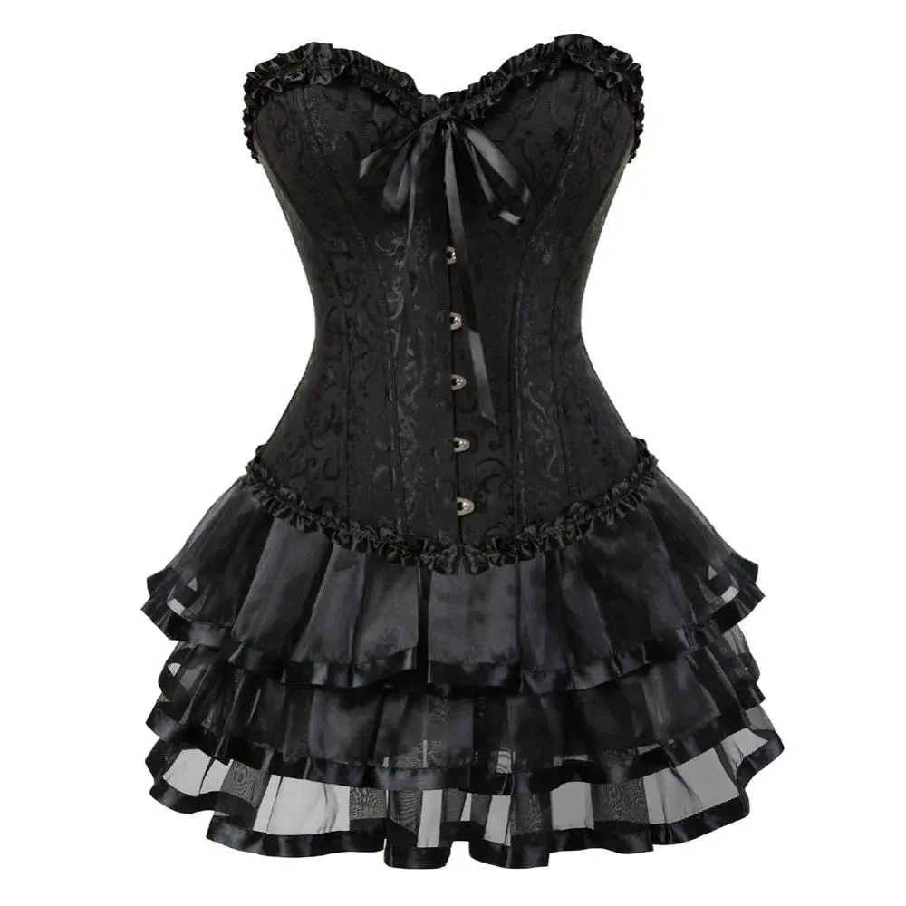 Women's Plus-Size Sexy 2-Piece Vintage Lace-Up Caudatus Corset Bustier & Tutu Skirt Set, Lady's Stress Relief Play Party Costume Outfit, Black Women's Clothes