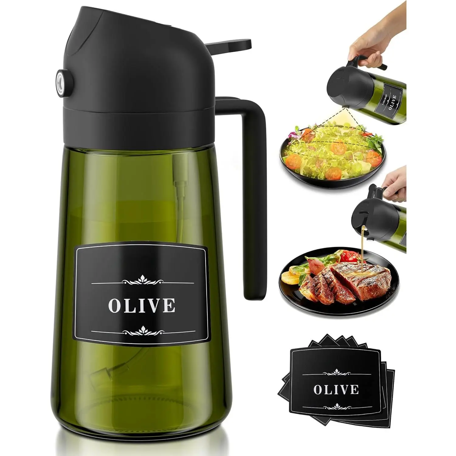 Oliver Oil Sprayer Dispenser for Cooking Bottle 16oz Green Glass Black | 2-in-1 Lightproof Borosilicate Glass Oil Bottle, Wide Mouth for Easy Refill Clean