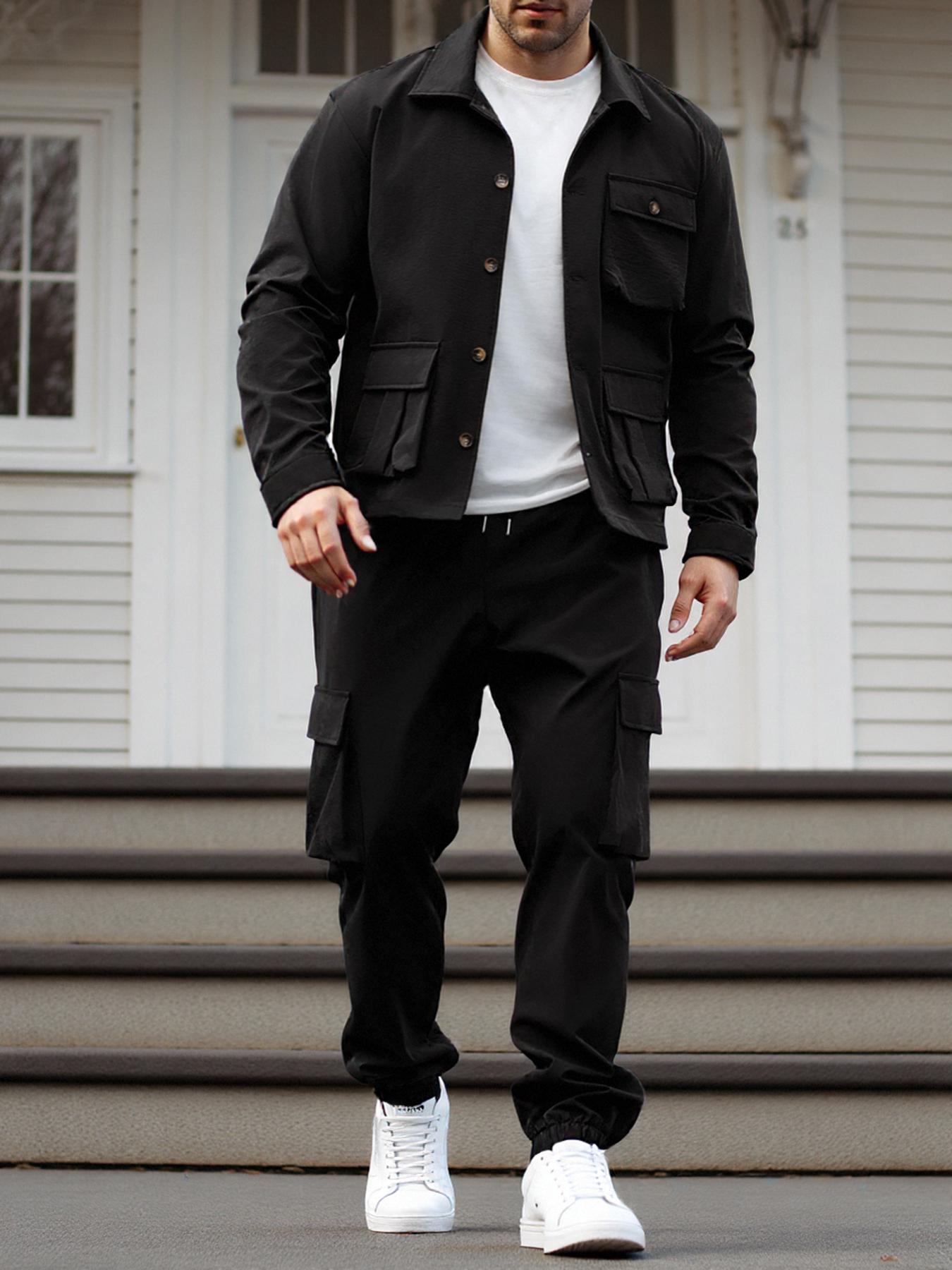 Men's Solid Color Pocket Button Front Shirt & Pants Two-Piece Set, Casual Lounge Set, Casual Long Sleeve Collar Top & Trousers Set, Men's Spring & Fall Clothes