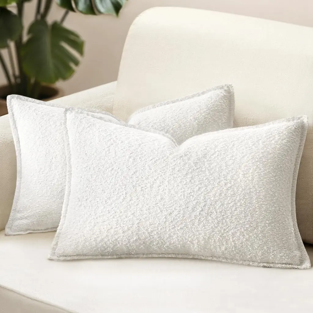 Pack of 2 Decorative Textured Boucle Throw Pillow Covers 12x20 Inch Christmas White Broadside Thick Boho  Pillows for  Accents Sofa Couch Bedroom Living Room  Decor