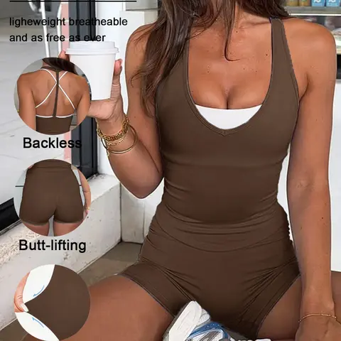 Women's Sporty Set, Athletic Sportswear, Fitted Design Activewear, Backless Sleeveless Top & High Waist Shorts, Ideal for Training, Running & Yoga, Casual Daily Wear, Sports Clothing Set