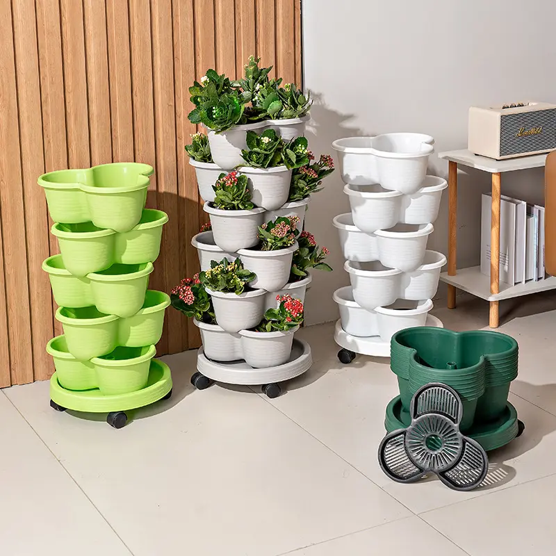 Plastic 6-Piece Stackable Planter Set - 5-Tier Vertical Planting Tower with Wheeled Tray for Strawberries, Herbs, Flowers