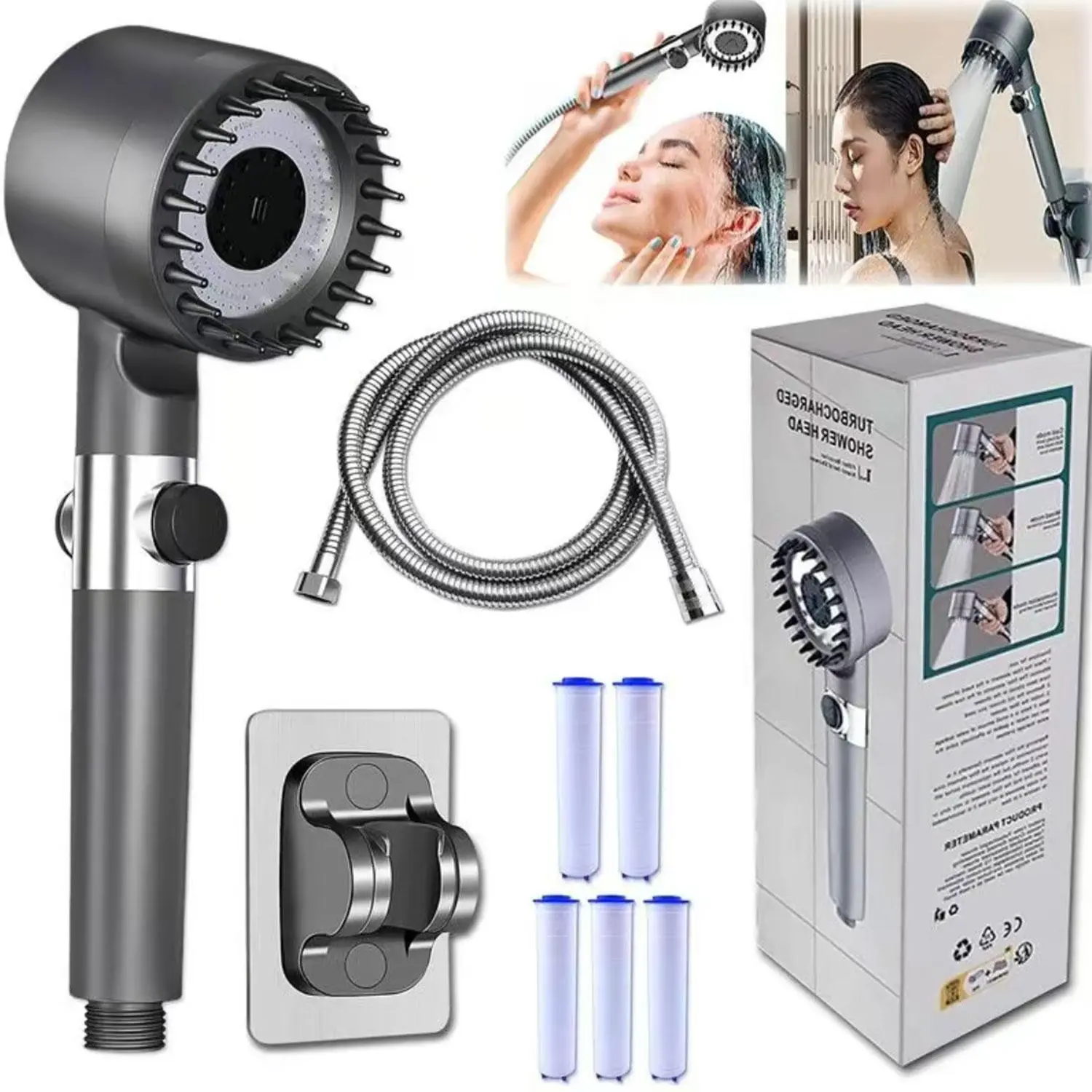 A set of multi-functional shower heads, a handheld high-pressure shower head with massage and skin care functions, a 3-position 4-in-1 detachable shower head, equipped with a 47-inch hose, a stand, and 5 filters.