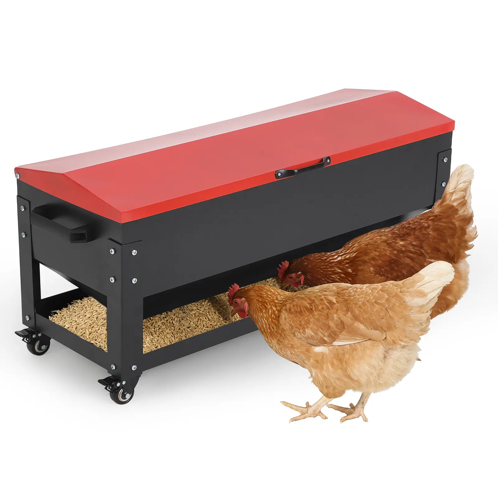Large Metal Chicken Feeder Galvanized Steel Automatic Poultry Feeding Station Waterproof Lid Brake Casters Handles for Chickens Ducks Geese