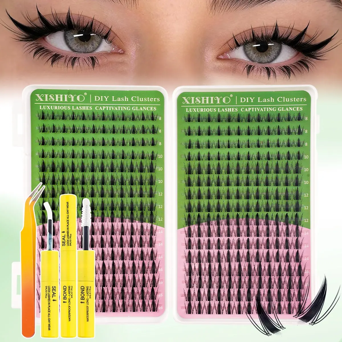 384PCS Anime Style DIY Lash Clusters Kit with Glue & Tweezers, Spiky Fairy Wet Look Cat Eye Individual Eyelash Extensions, Clear Invisible Thin Band 8-16mm Mixed Length Soft Lightweight Beginner Friendly Reusable for Daily Date Festival Party Cosplay Make