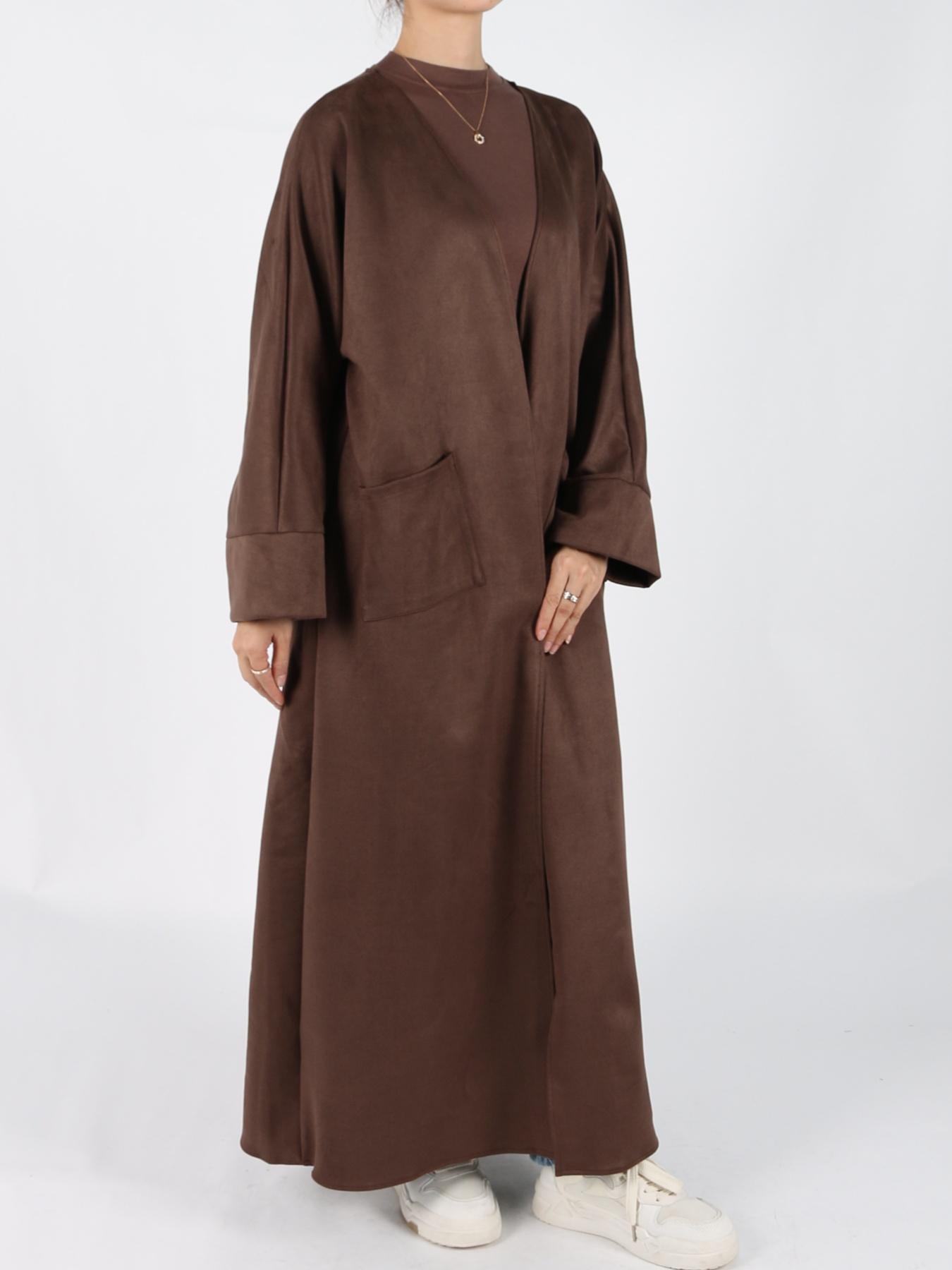 Women's Solid Long Sleeve Open Front Suede Coat, Elegant Long Sleeve Pocket Design Long Coat for Fall & Winter, Women's Islamic Clothing for Daily Wear, Modest Muslim Outfits