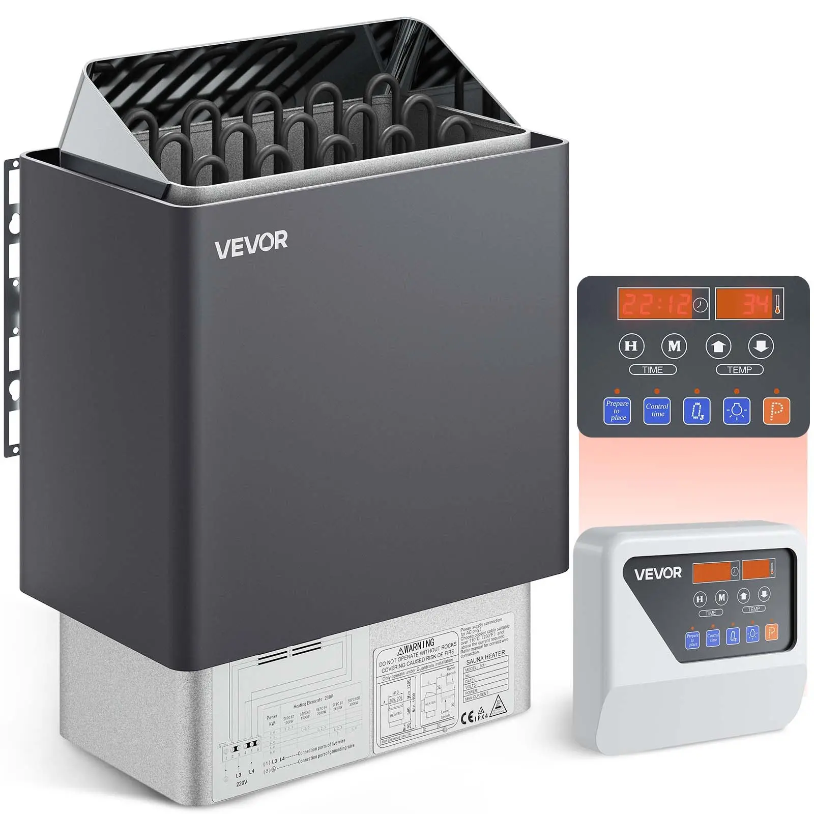 VEVOR Stainless Steel Electric Sauna Heater, 9 KW with External Digital Controller, Timer, Adjustable Thermostat, 3h Setting, 16.1'' x 10.6'' x 22''/410 * 270 * 560 Mm, for 317-459 cu.ft / 9-13 m2 Sauna Room, Home Spa Use, Wall Mount, Scheduled Shutdown,,