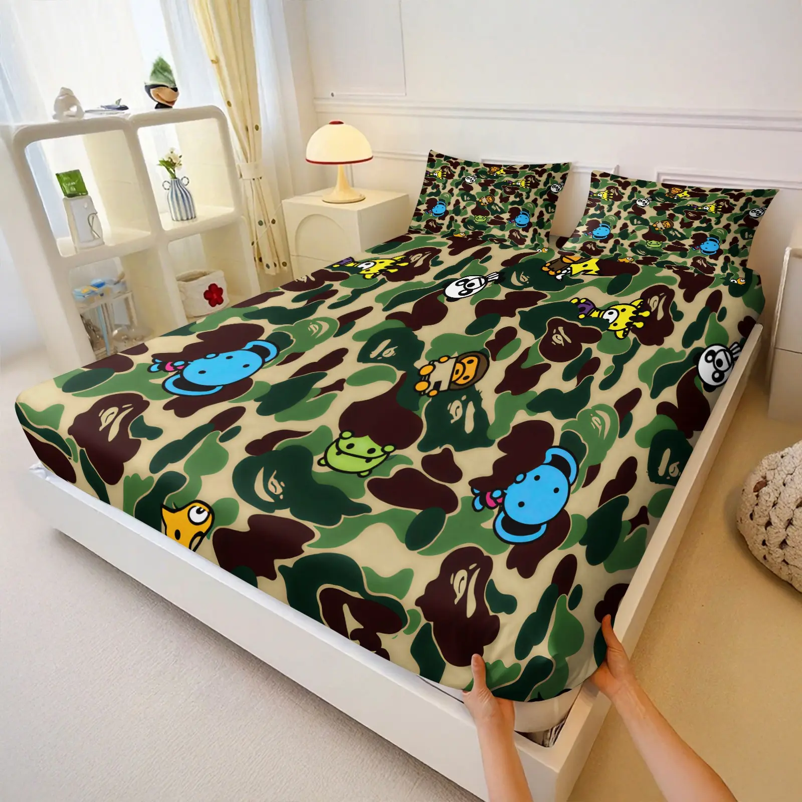 BAPE Mascot Print Fitted Sheet Set,1 Fitted Sheet 2 Coreless Pillowcase,Full of Childlike Fun and Street Style,this Bedding Set adds a Lively and Unique Atmosphere to Any Room,for Boys and Girls Bedroom Decor Deep-Pocket Bed Sheet Design